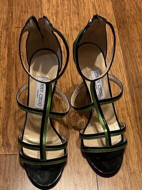 Jimmy Choo Thistle Strappy Black Patent & Green Sandal Heel Shoe